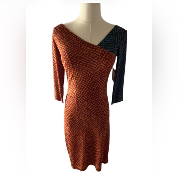 RACHEL Roy Chic Dark Gold/Rust & Teal Combo Dress w/Ruching on One Side ( L) NWT - Picture 8 of 14